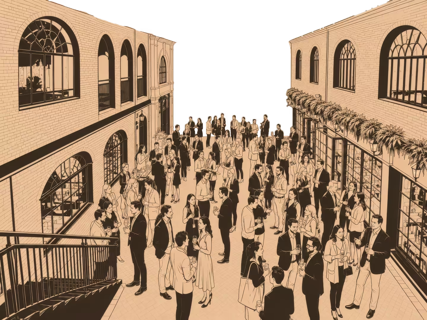 Ilustração do pátio do Softown com empresários em um encontro de networking entre os prédios de tijolos.
